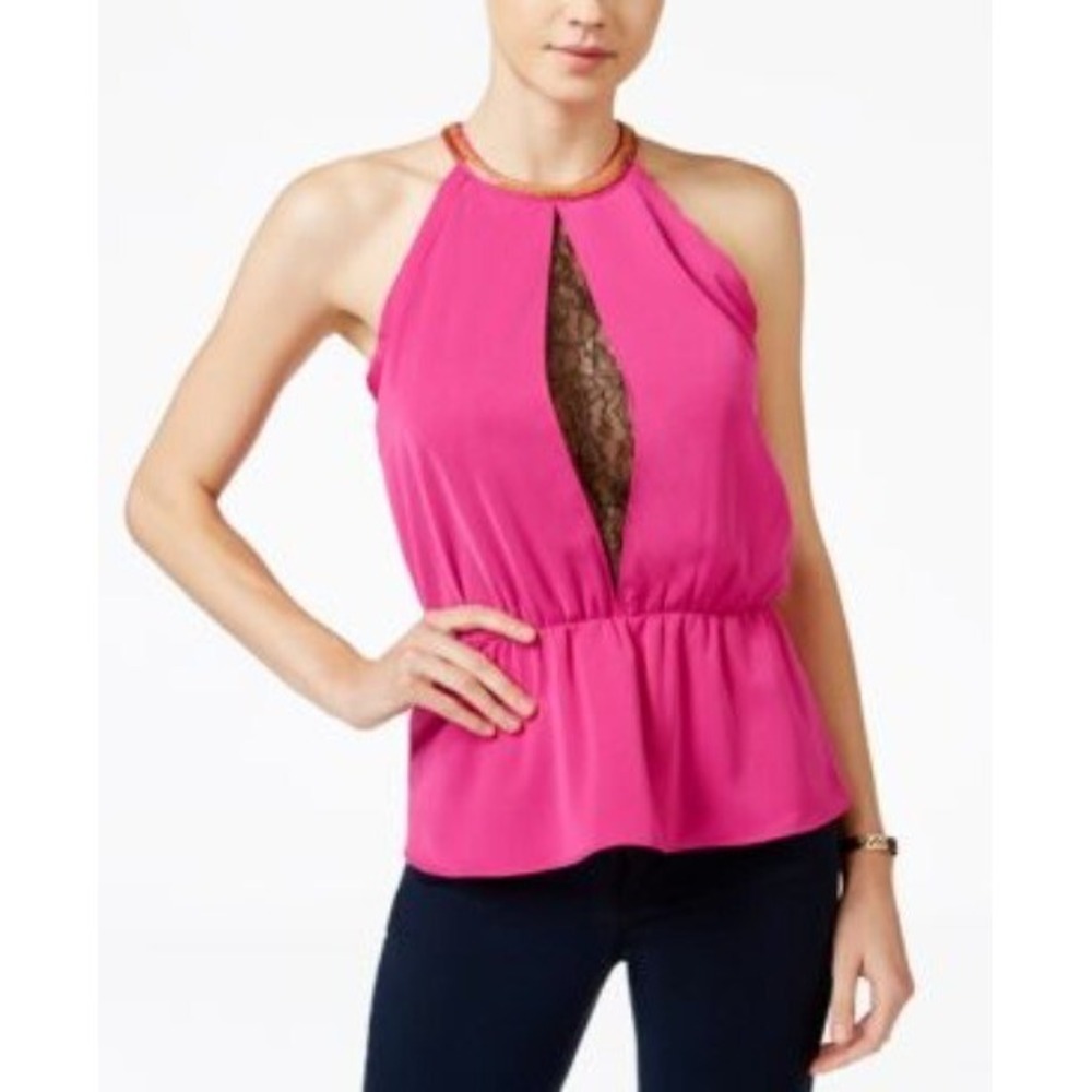 Xoxo Juniors' Embellished Lace Peplum Top,‎ Medium, Pink